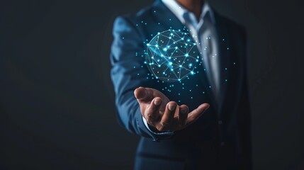A businessman showcasing an AI icon suggests a concept of providing access to information through digital chatbots.