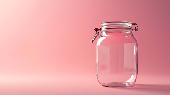 A close-up photograph of an empty glass jar, storage jar, or glass container isolated on a pink surface, highlighting its transparency and simplicity against the soft pink background.