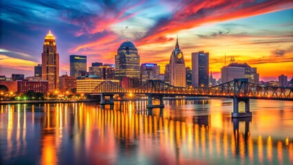 Vibrant orange hues illuminate the Ohio River as Louisville's majestic skyline comes alive with twinkling lights at dusk.