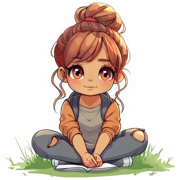 Cute and adorable cartoon girl with brown hair in a bun, sitting cross-legged on grass, wearing casual clothes and smiling.