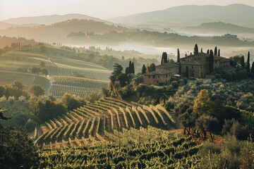 Naklejka premium A sun-drenched vineyard in Tuscany, with rolling hills, rows of grapevines, and a rustic farmhouse in the distance