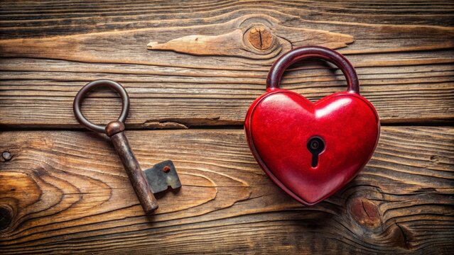 Red heart-shaped padlock and corresponding key rest on a weathered wooden background, symbolizing secured love and romance in the digital age.