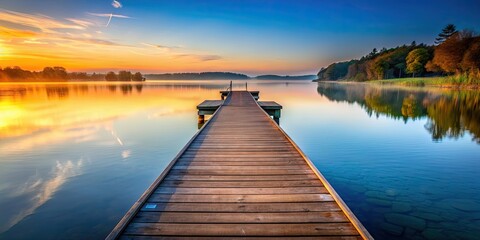 Fototapeta premium Serene wooden pier on calm lake at dawn drone shot , peaceful, tranquil, wooden, pier, serene, calm, lake, water, sunrise