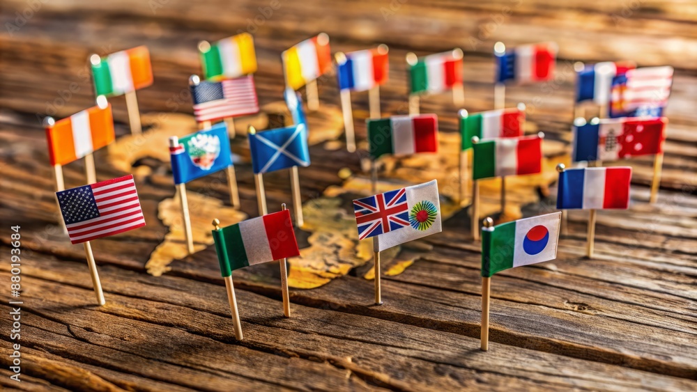 Poster vibrant color flag pins mark various countries on a globe sitting on a rustic wooden table with ampl