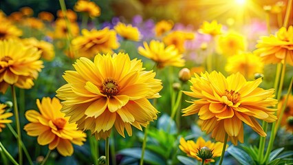 Fototapeta premium Vibrant yellow flowers blooming in a beautiful garden , nature, floral, bright, petals, sunlight, spring, summer, colorful