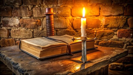 Ancient leather-bound holy scripture lies open on a worn stone pedestal, adorned with a rustic sword and engulfed in warm candlelight.