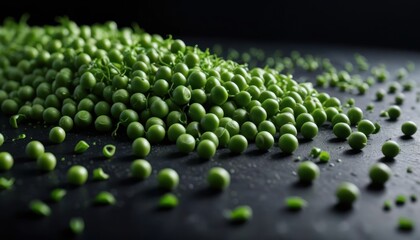 Green Peas on Black Background.