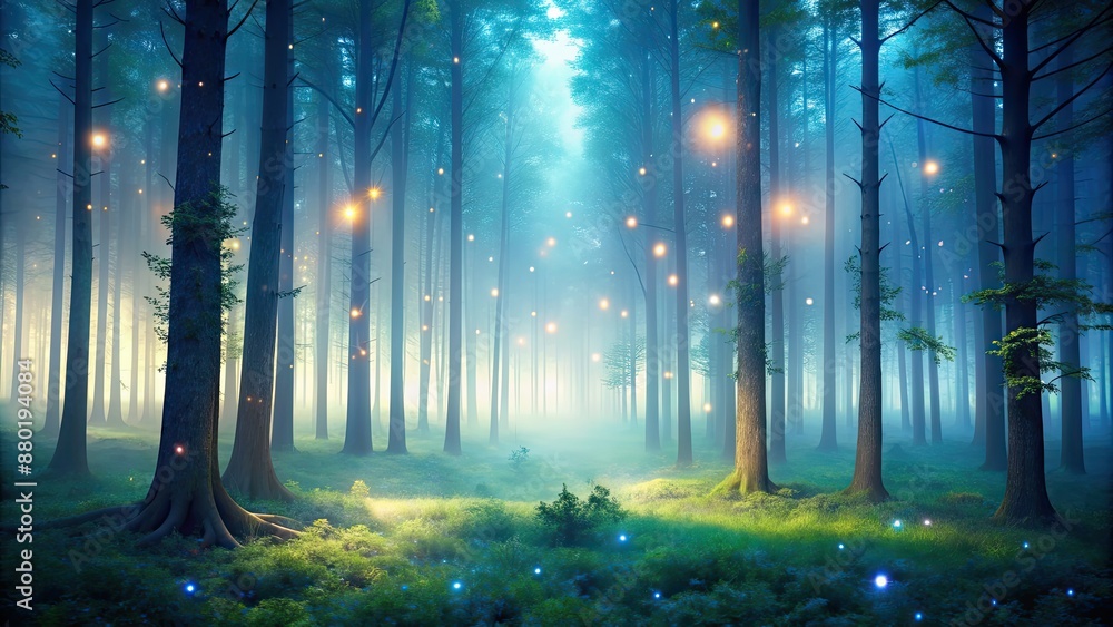 Poster Serene misty forest with softly glowing particles in the background, nature, forest, mist, fog, serene, tranquil