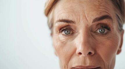 Middle aged woman, 50 years old, looking at camera isolated on white background, advertising dry skin care, beauty treatments, anti-aging skin care