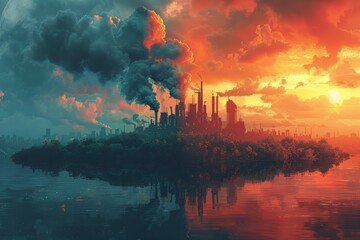 Obraz premium Stunning sunset over industrial city with dense smoke clouds, contrasted with lush green landscape, environmental impact of pollution and the potential for balanced, sustainable future.