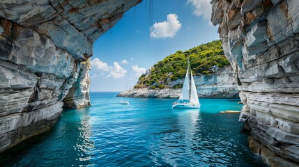 A photo capturing the caves in the Blue Lagoon and the iconic Erimits white rocky cliffs, a favored spot for sailboats and yachts, on Paxos island in the Ionian Sea, Greece.