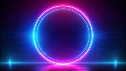 Vibrant blue and pink neon circular frame with ultraviolet glow on a dark abstract background evoking 80s retro nostalgia.