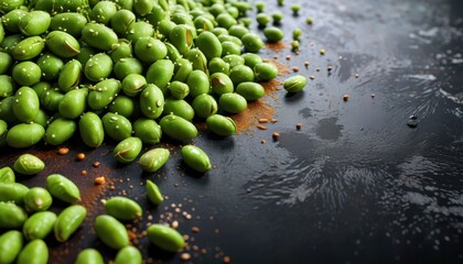 Green Beans On Black Background.