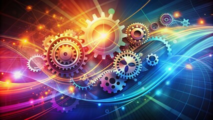 Abstract futuristic swirling shapes of gears, charts, and arrows on a vibrant gradient background representing SEO and promotion concepts.