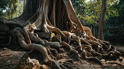 Fototapeta premium Siem Reap, Cambodia - August 2019: Giant tree roots entwined in the ancient temples of Angkor