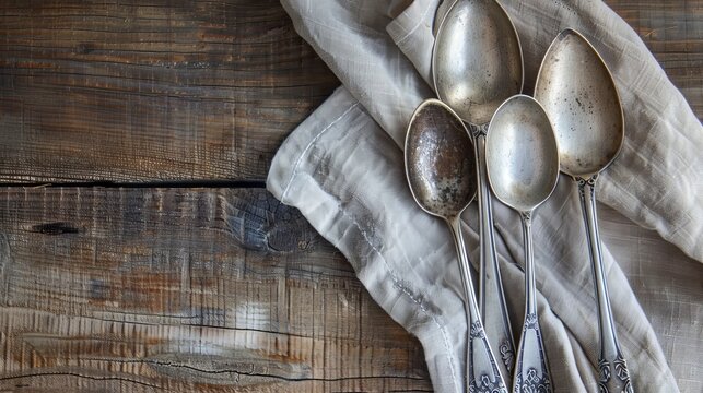 Serving spoons placed on a cloth, resting on a wooden surface