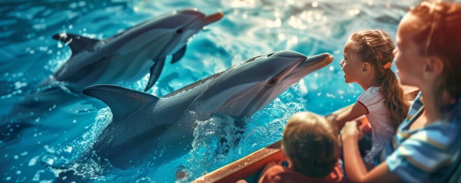 Children observing playful dolphins jumping out of the water near a boat on a sunny day, enjoying an exciting marine life adventure.