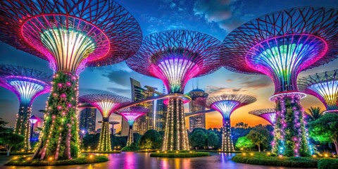 Vibrant light display at night in Gardens by the Bay, Singapore , night, light, vibrant, display, Gardens by the Bay