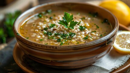 Traditional Syrian barley broth soup, known as talbina or tirbiyali, typically consumed after Ramadan.