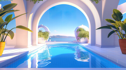 interior a fancy hotel with swimming pool in Santorini, 3D illustration