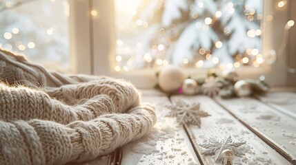 Fototapeta premium Winter background featuring a cozy wooden sweater, with free space for your decorations. The home interior includes a white wall and sunlight streaming through the window.