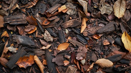 Wooden chips, bark, and branches create an abstract texture background. This mix includes sawdust, wood debris, leaves, and soil, forming a natural composition.