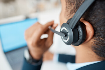 Person, headset and laptop for call centre operator in office, technical support and agent for...