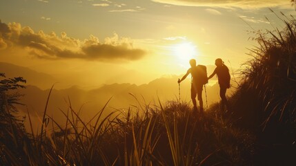 Photograph of an Asian couple hiking together, silhouettes, on a sunny mountain.