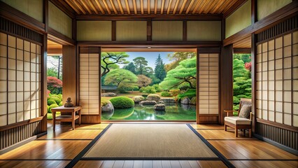 Fototapeta premium Traditional Japanese room with tatami mat flooring and sliding paper doors