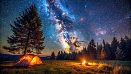 Starry Night Campsite featuring a tent illuminated by a bonfire, under a starry sky with tall trees and grassland, camping