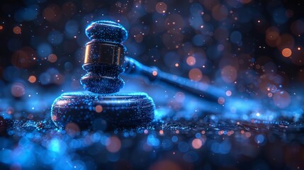 Judge's gavel with futuristic glowing light effects and technology