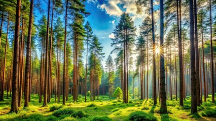 Obraz premium Scenic landscape featuring tall trees in a lush forest, nature, outdoor, woodlands, greenery, environment, foliage, peaceful