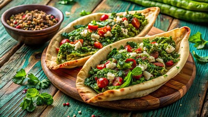 Fototapeta premium Traditional Arabic Esfiha of open escarole, Arabic, Esfiha, traditional, open escarole, Brazil, Middle Eastern, baked