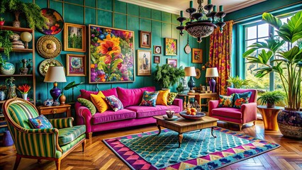 Vibrant maximalist living room bursting with bold colors and eclectic decor , vibrant, maximalist, living room, interior