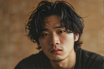 A man with long hair and a beard is sitting in front of a brick wall