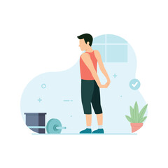 Man doing shoulder stretching in gym. Workout and exercise concept flat vector illustration