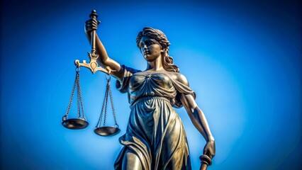 Fototapeta premium Majestic Lady Justice statue stands proudly alone on a serene blue background, symbolizing fairness and impartiality in the legal system.