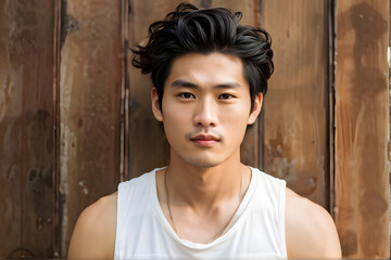Fototapeta premium A man with short hair and a white tank top is standing in front of a wooden wall