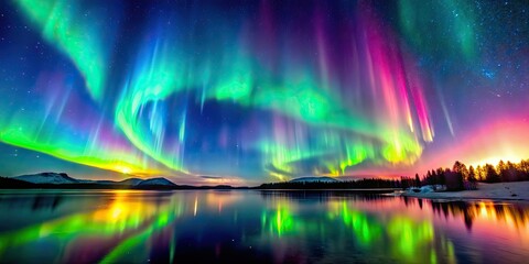 Vibrant display of Aurora Borealis dancing in the night sky, Northern Lights, stunning, colorful