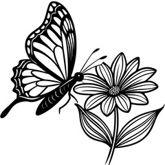 A Simple Line Art of a Butterfly Landing on a Flower Vector Design and illustration