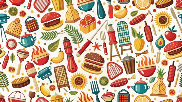 Vibrant colorful seamless pattern of adorable retro-style barbecue icons including grills, utensils, and food on a white background.