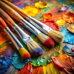 Fototapeta premium used brushes on an artist s palette of colorful
