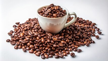 Naklejka premium Dark brown coffee beans scattered carelessly around a single white ceramic cup on a pristine white background surface.