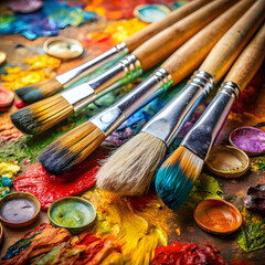 Fototapeta premium used brushes on an artist s palette of colorful