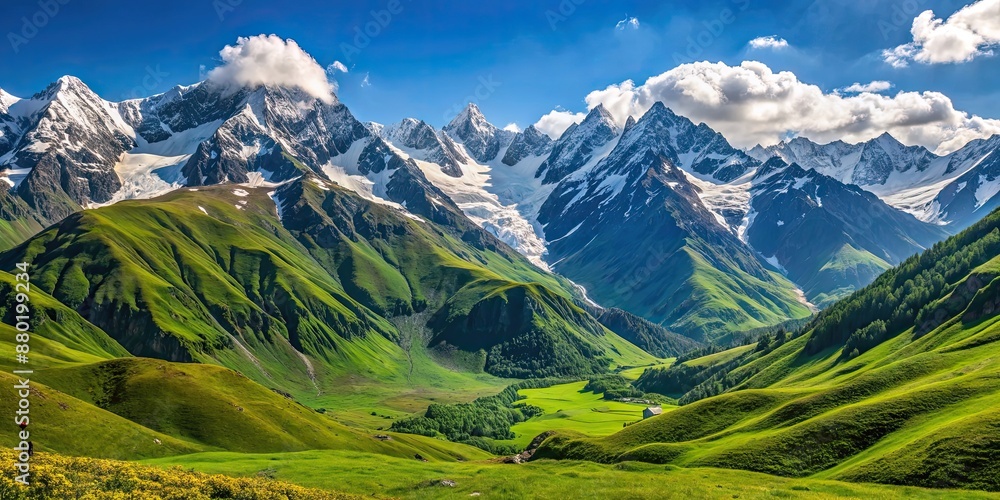 Sticker Summer landscape in Caucasus Mountains with lush green valleys, snow-capped peaks, and clear blue skies, Caucasus, summer