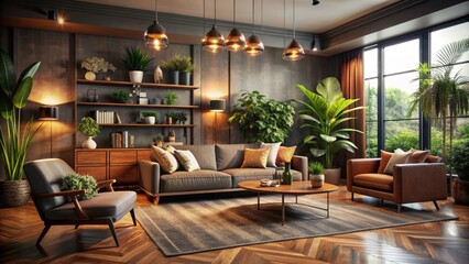Dimly lit, sleek, modern retro living room with stylish furniture, lush plants, carpet, and personal accessories exuding warmth and sophistication.