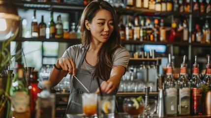 Photo of beautiful Asian woman in gray apron preparing cocktails at bar counter