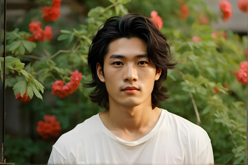 Naklejka premium A man with long hair is standing in front of a bush with red flowers