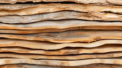 Stacked wooden slabs, polished and textured, highlighting natural grain and layers, perfect for architectural designs and construction