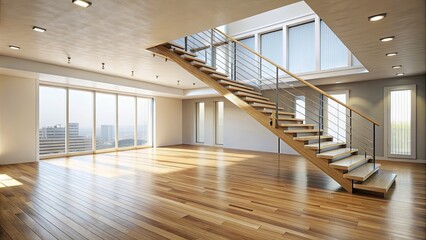 Obraz premium Spacious empty room with a staircase leading up to a higher level, interior, architecture, stairs, stairway, room, empty